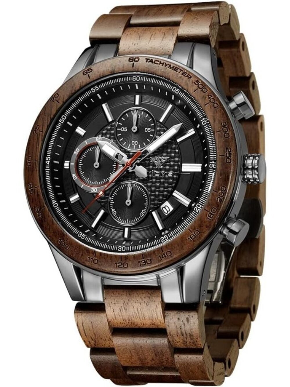 Men's Black Olive Stainless Steel Chronograph Solid Multifunctional Wooden Watch